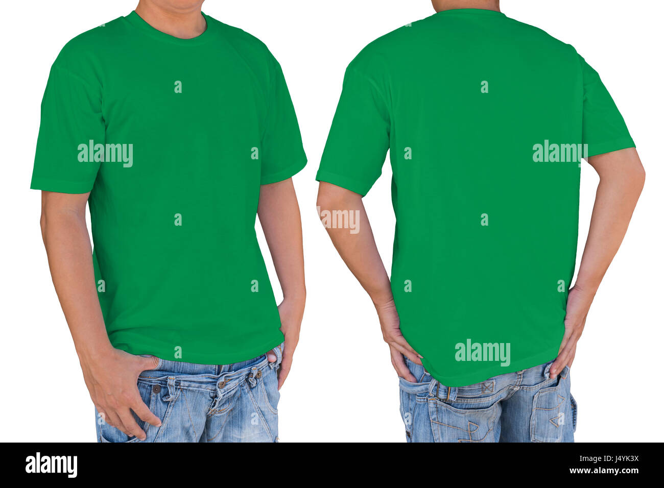 Hombre vestido con camiseta verde en blanco con trazado de recorte, vista frontal y posterior. Plantilla para insertar logo, patrón o ilustraciones. Foto de stock