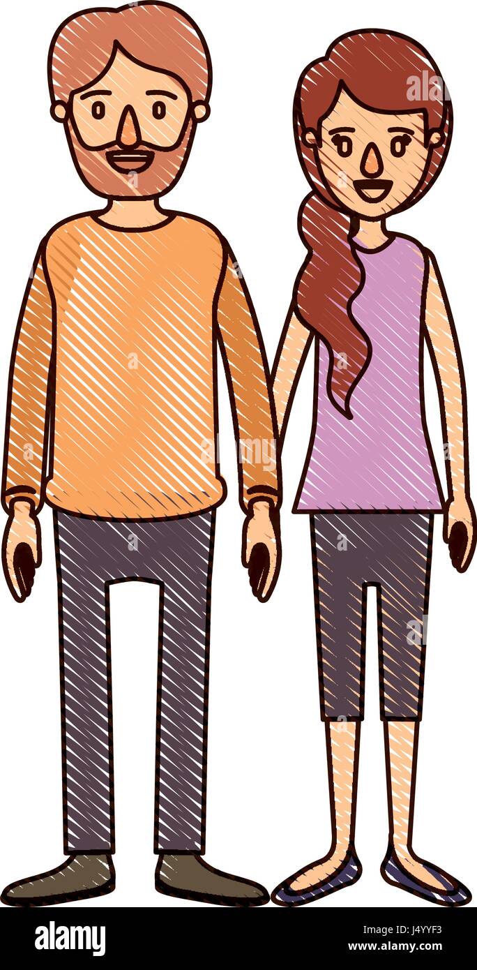 Lápiz de color de cuerpo completo de dibujos animados de banda pareja mujer  con coleta lateral y cabello hombre en ropa informal Imagen Vector de stock  - Alamy