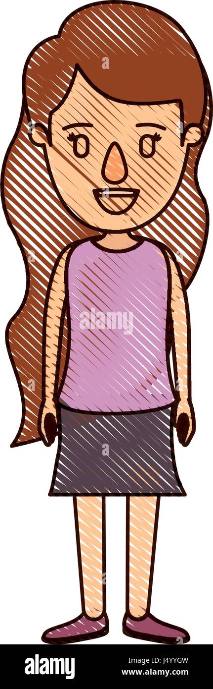 Lápiz de color de cuerpo completo de dibujos animados de banda mujer con  largo cabello ondulado en falda Imagen Vector de stock - Alamy