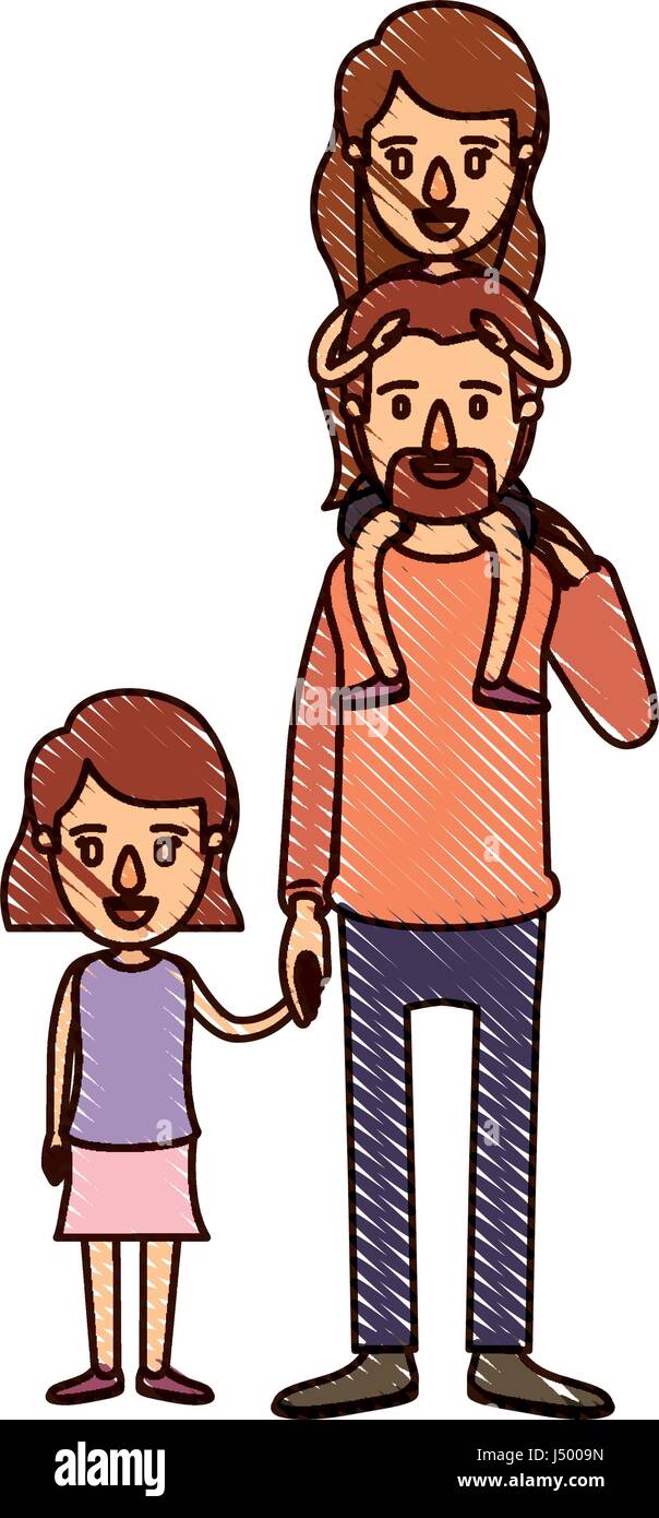 Lápiz de color stripe cartoon papá con hija en su espalda y chica tomado  manos Imagen Vector de stock - Alamy