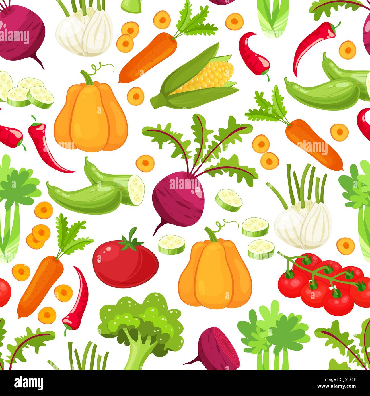 Las verduras crudas con rodajas de pimiento ajo berenjena calabacín champiñones cebolla tomate pepino ilustración vectorial.patrón sin fisuras sobre un fondo blanco , verduras ilustraciones Ilustración del Vector