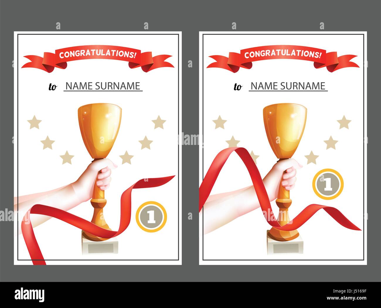 Conjunto de ganador certificado con copa y Cinta Roja. Diploma para el