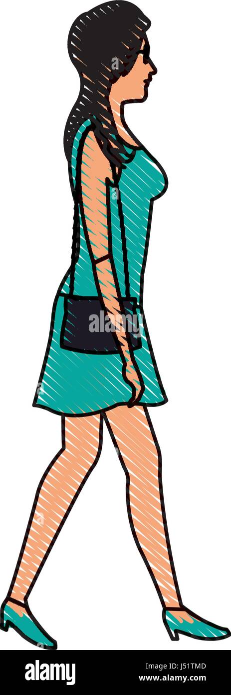 Dibujo mujer caminando con el vestido verde y el bolso Imagen Vector de  stock - Alamy