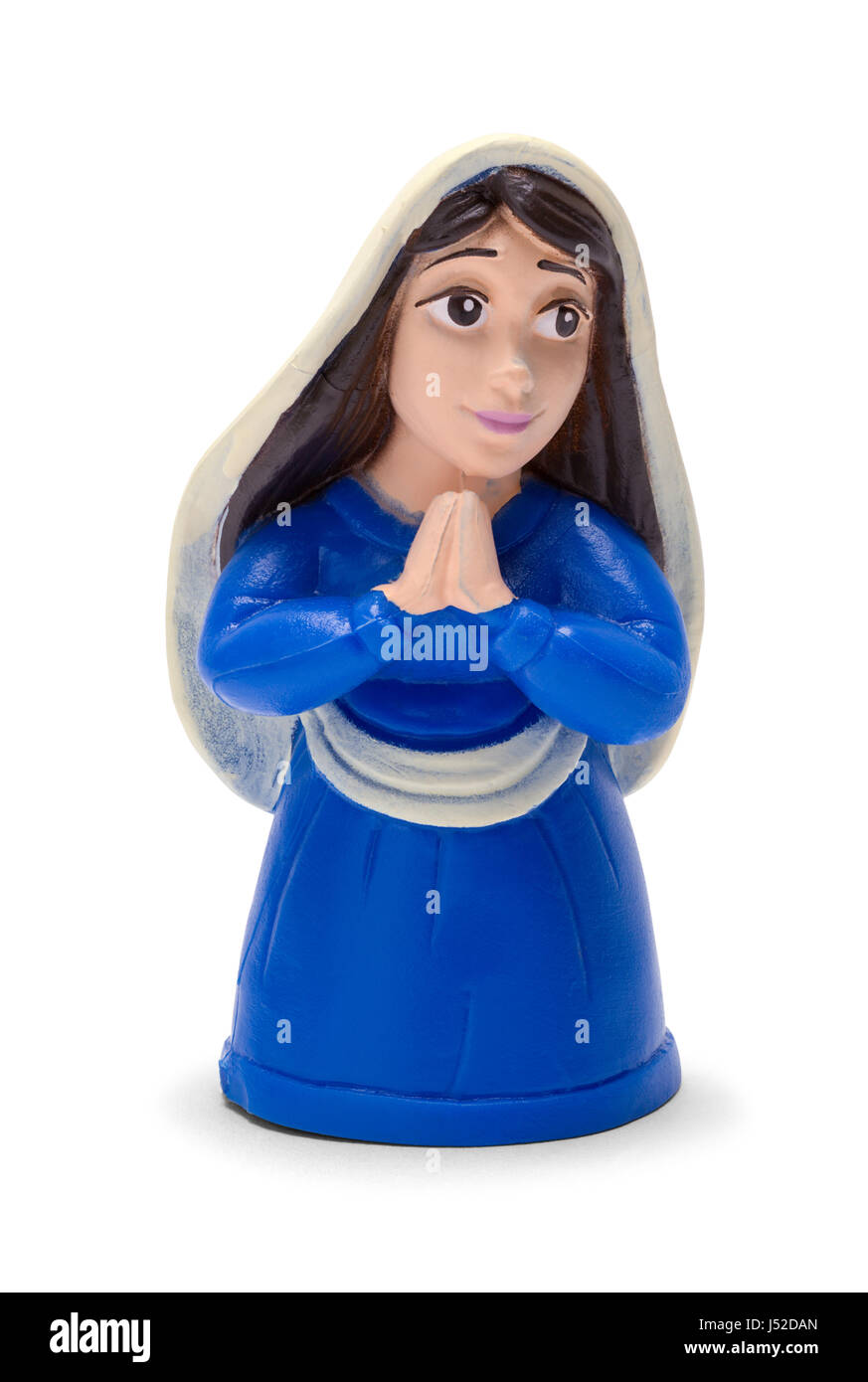 María, la Madre de Jesús arrodillado y rezando Toy aislado sobre fondo blanco. Foto de stock