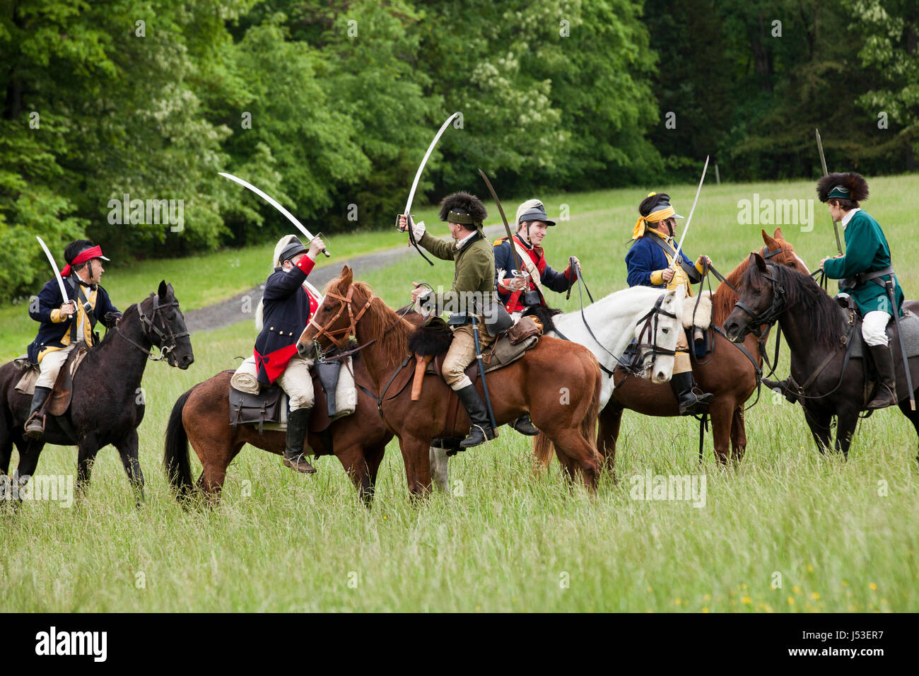 La guerra revolucionaria re-enactors a caballo - EE.UU. Foto de stock