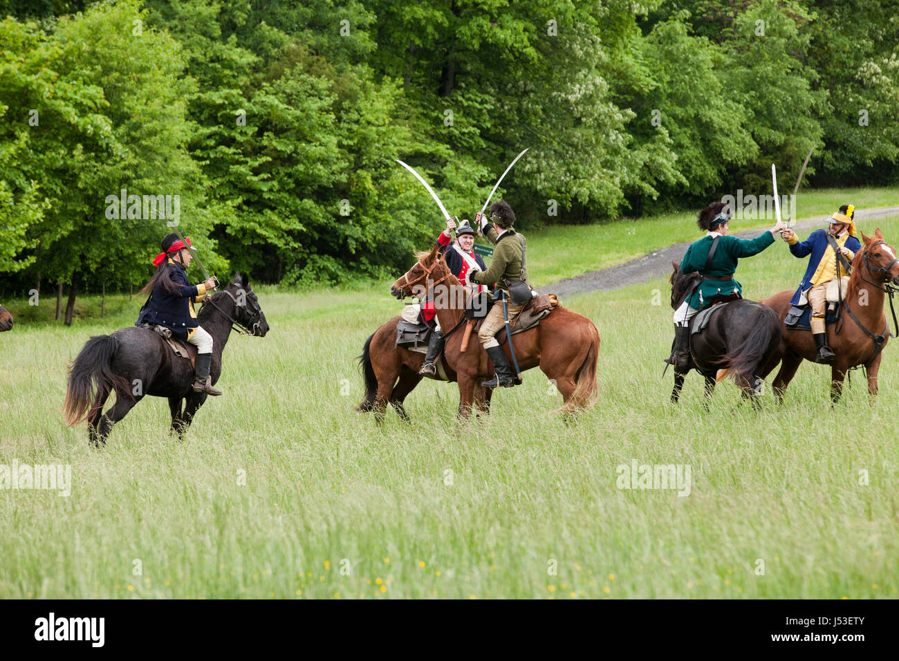 La guerra revolucionaria re-enactors a caballo - EE.UU. Foto de stock