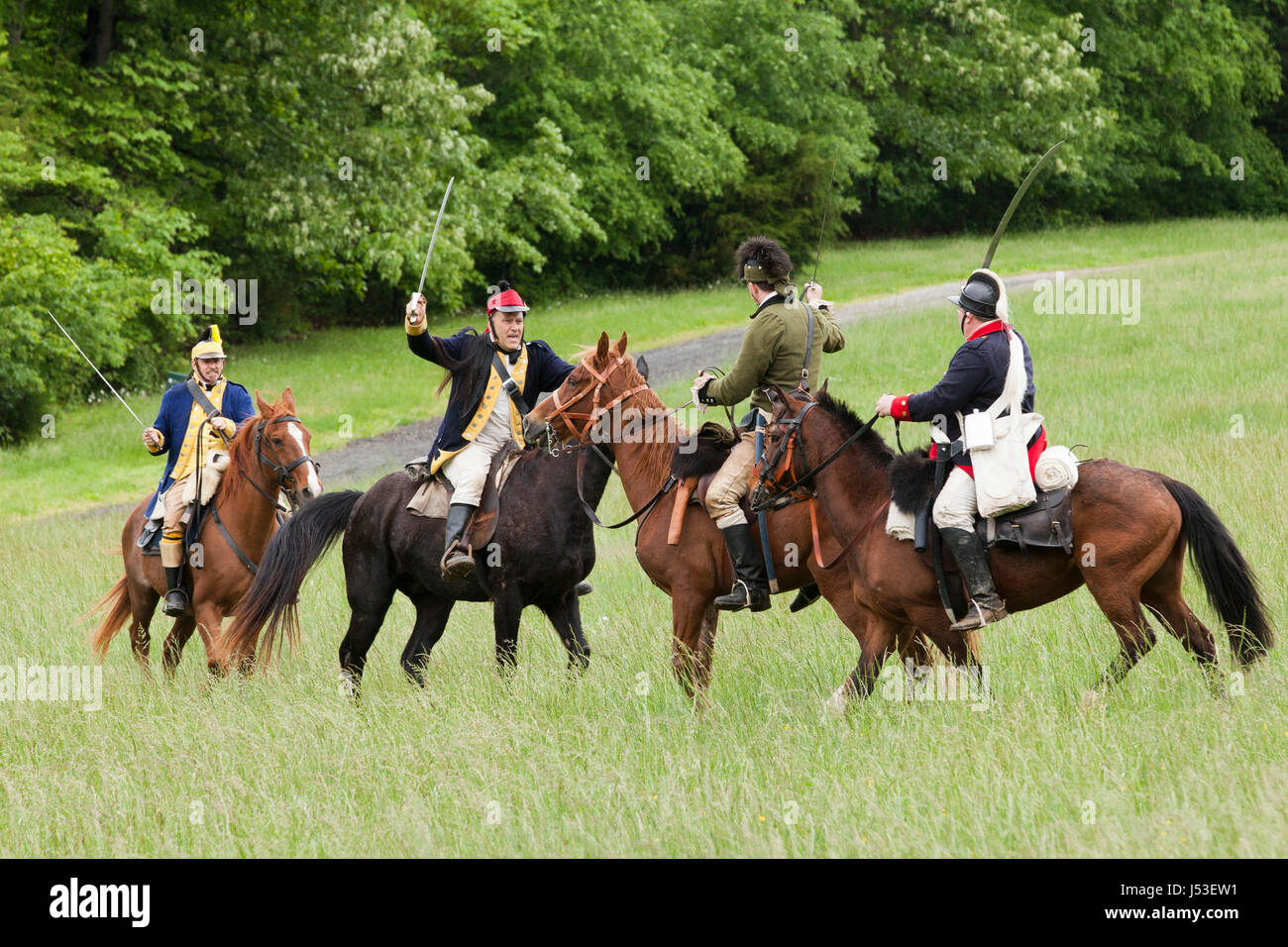 La guerra revolucionaria re-enactors a caballo - EE.UU. Foto de stock