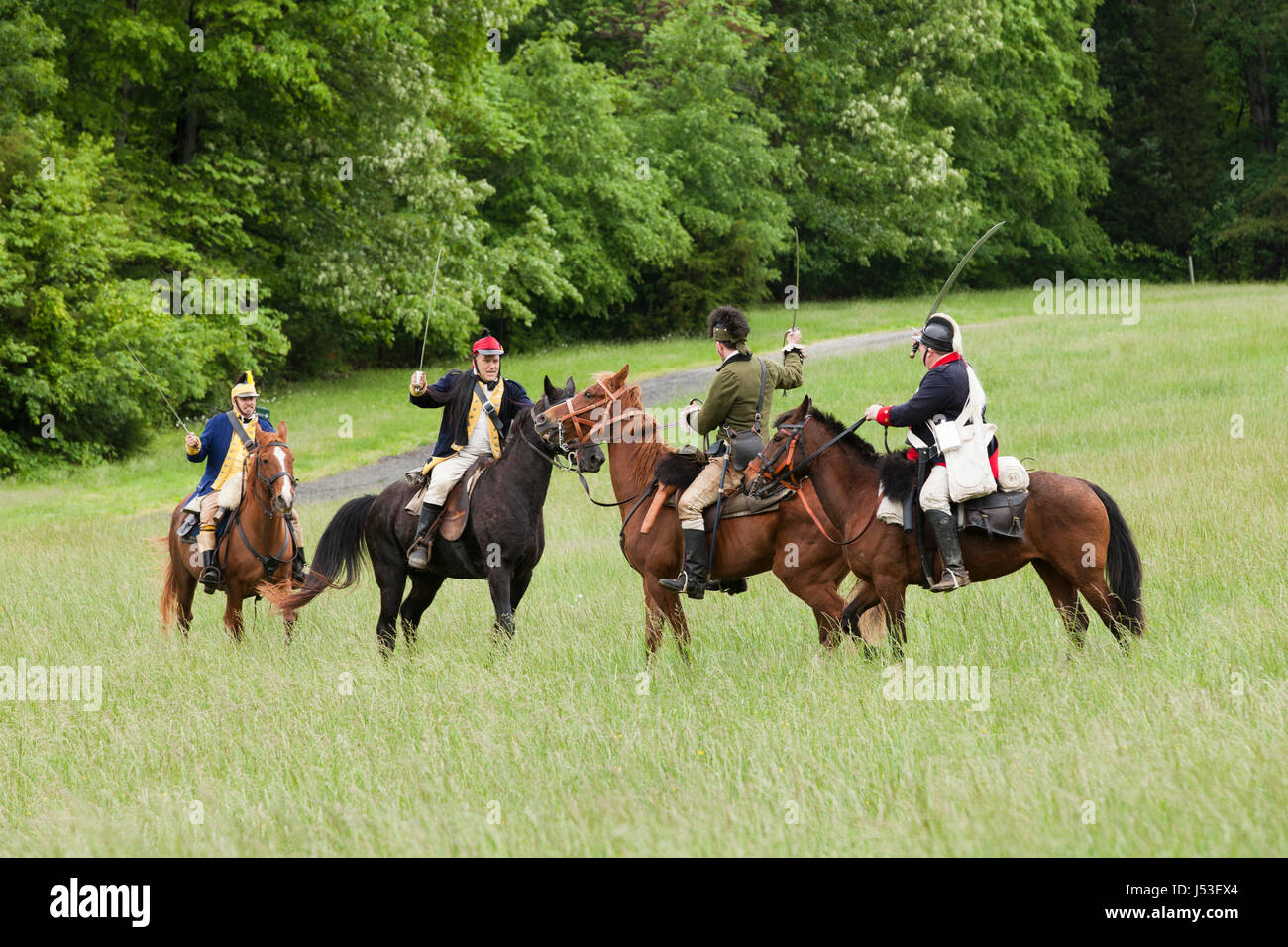 La guerra revolucionaria re-enactors a caballo - EE.UU. Foto de stock