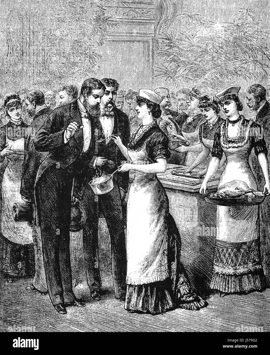 1879: Los huéspedes comida de muestreo en el Colegio Americano de la cocina, de la ciudad de Filadelfia, Pensilvania, Estados Unidos de América. Foto de stock
