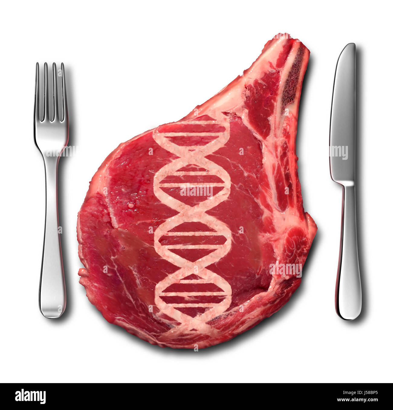 Concepto de carne genéticamente modificados y los OGM como símbolo un filete con una hebra de ADN formado en la carne como la ingeniería genética. Foto de stock