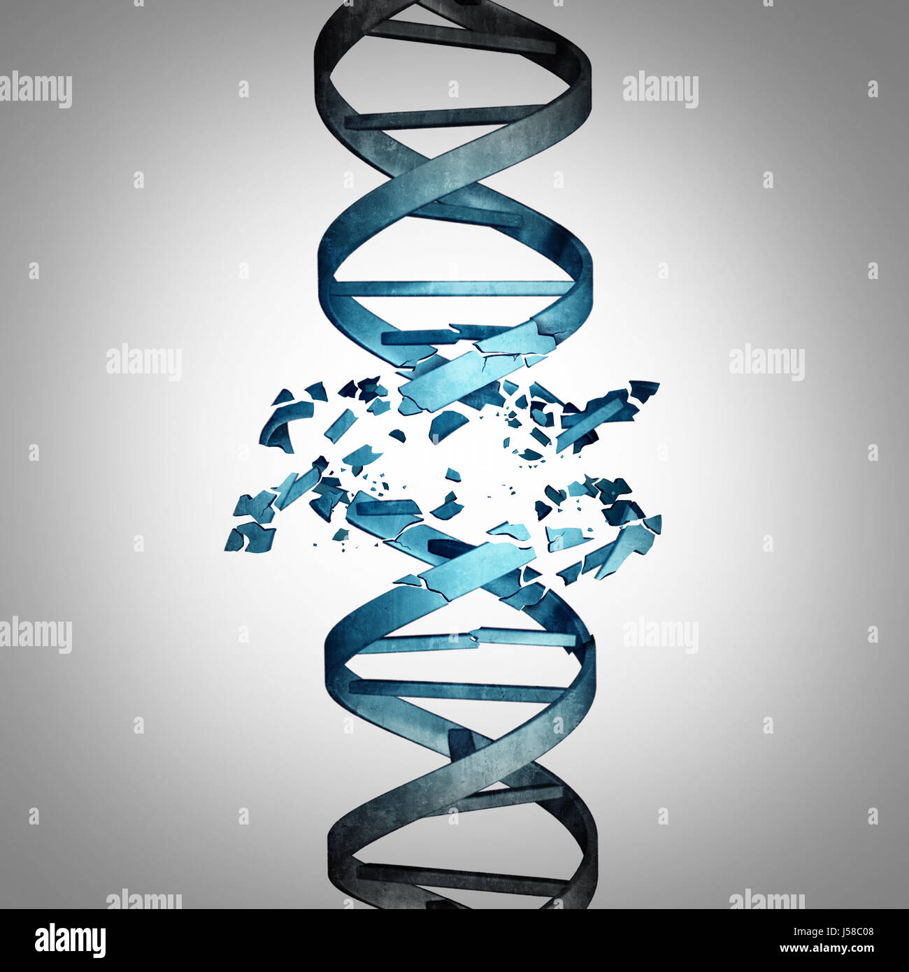 El ADN dañado y la mutación genética biotecnología concepto como una hélice doble hebra con daños como un símbolo de médicos. Foto de stock