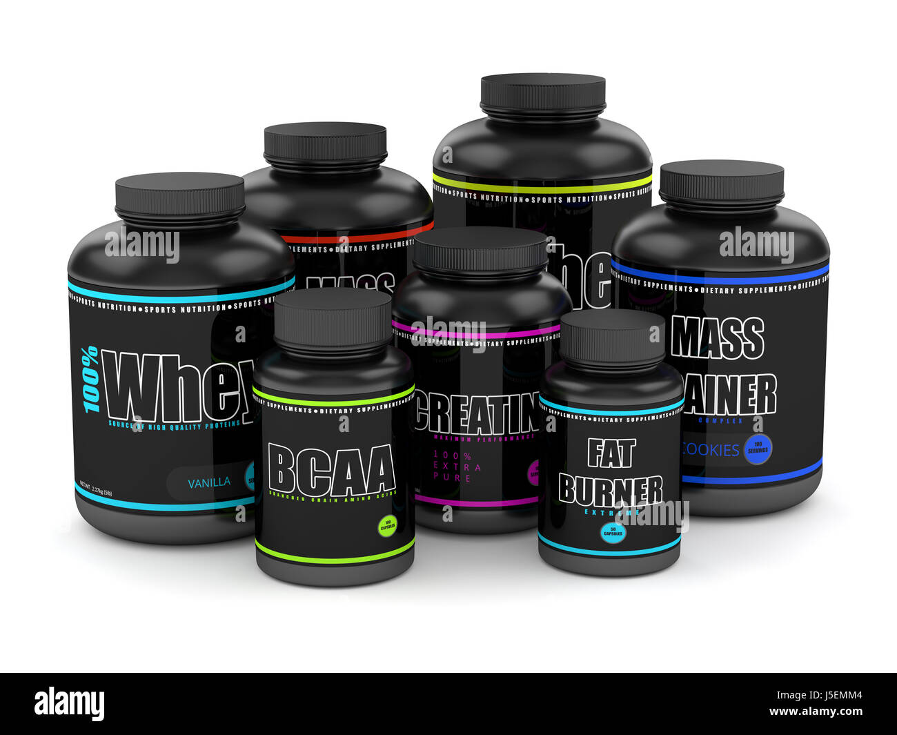 3D Render de BCAA, suero de leche, fat burner, creatina y mass gainer