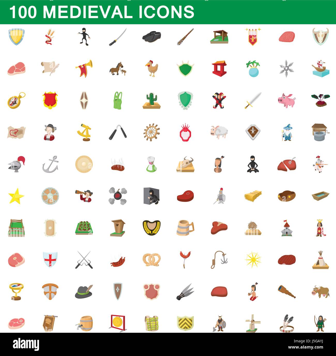 100 iconos medievales, estilo de dibujos animados Ilustración del Vector
