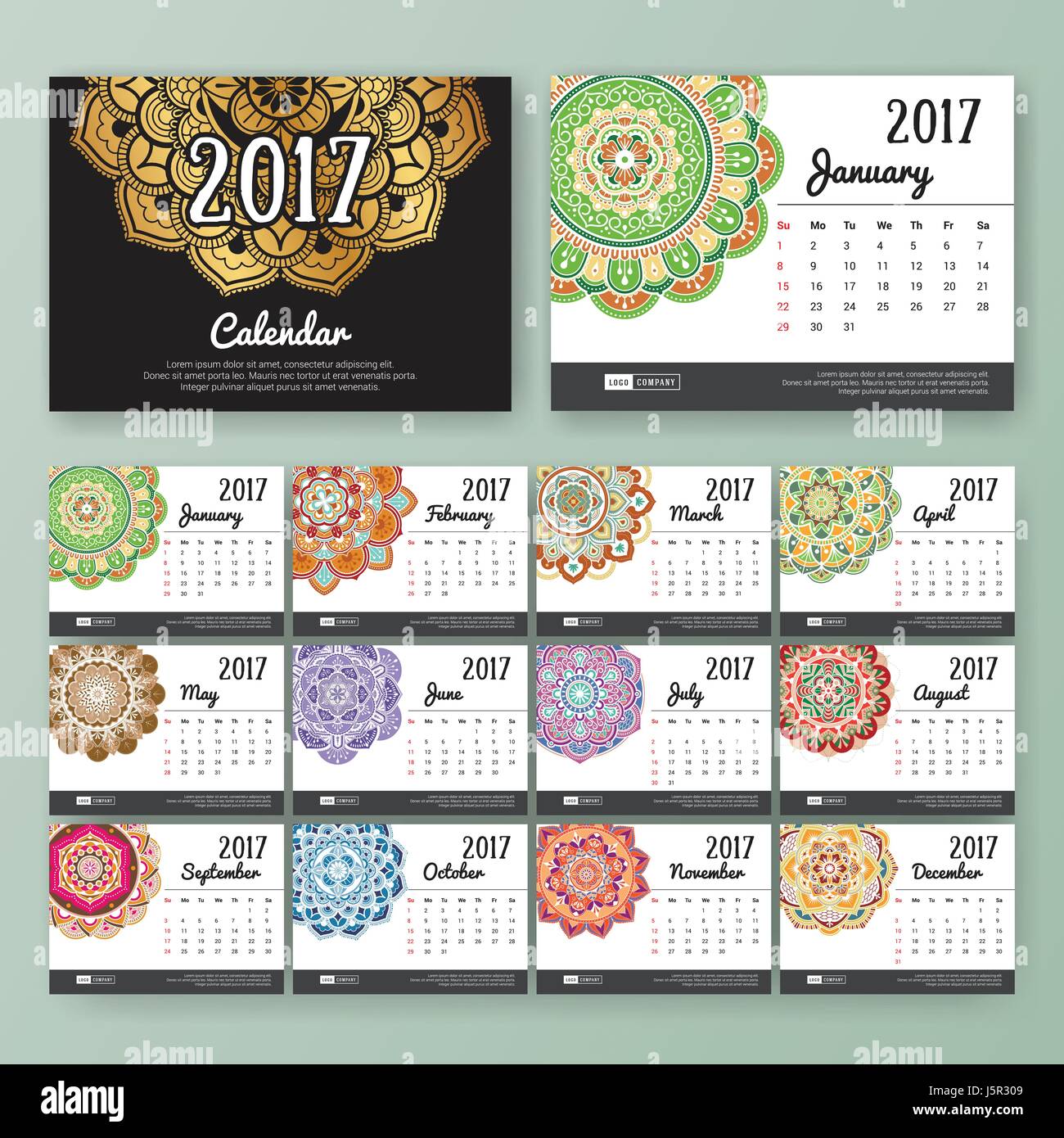 Plantilla de calendario de escritorio de 12 meses para el diseño de  impresión con color de fondo Mandala. Diseño de calendario 2017 inicio con  el domingo. 7x5 pulgadas de tamaño con sangrados