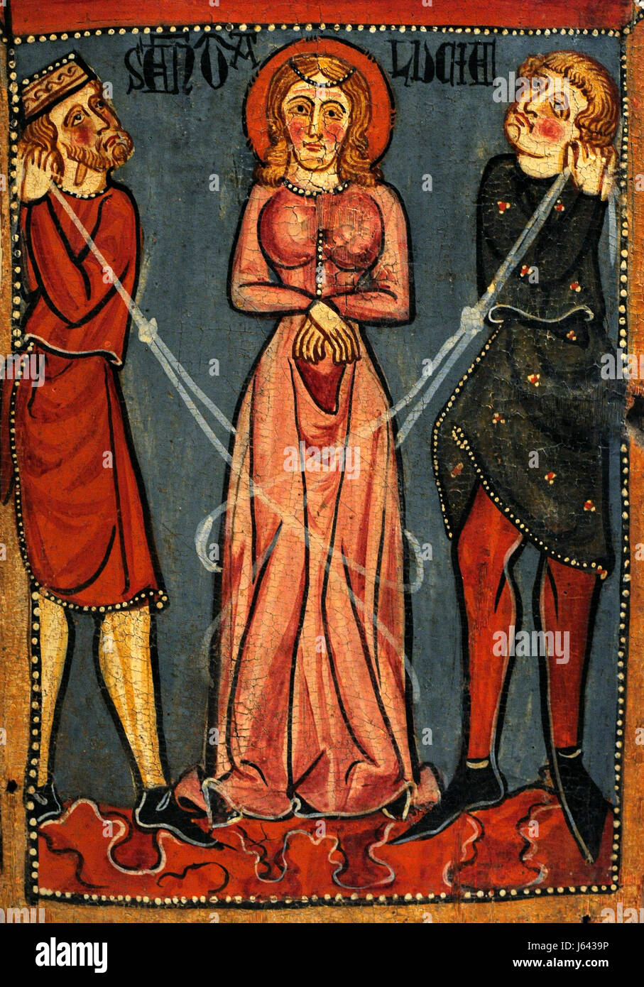 Anónimo. Cataluña. Paneles con escenas del martirio de Santa Lucía, ca.1300. Detalle representando la inmovilidad de Santa Lucía. Desde la iglesia parroquial de Santa Llucia de Mur (Guardiola de Noguera, Cataluña). Museo Nacional de Arte de Cataluña. Barcelona. Cataluña. España. Foto de stock