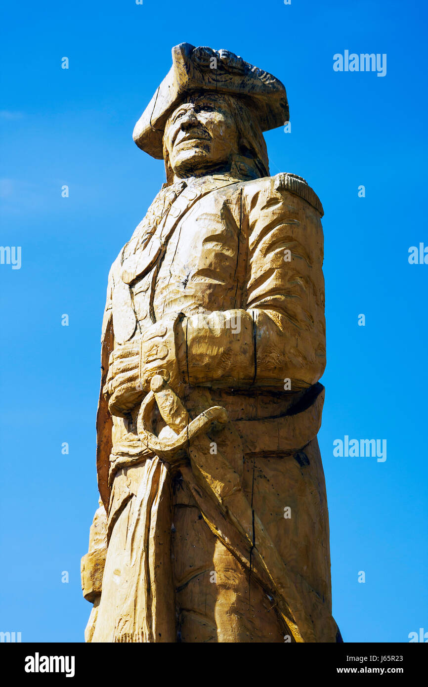 Michigan Mackinaw City, Parque histórico de parques estatales Mackinac, Estrecho de Mackinac, Lago Huron, Mayor Arent Schuyler DePeyster, talla en madera, estatua, artista Jer Foto de stock