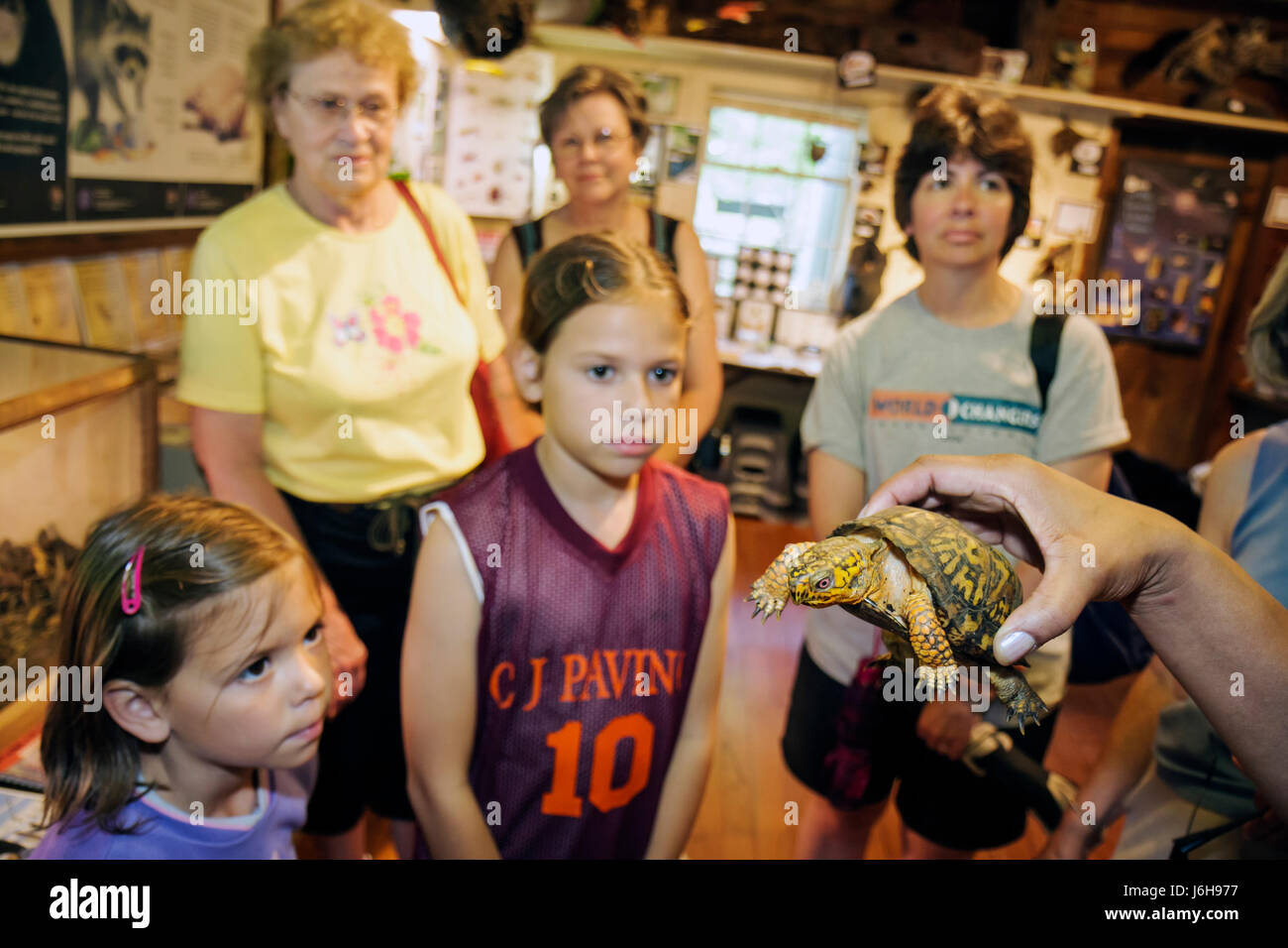 Blue Ridge Parkway Virginia, Montañas Apalaches, Picos de Otter, Centro de la Naturaleza, mujeres mujeres, niñas, niños niñas, estudiantes, EAS Foto de stock