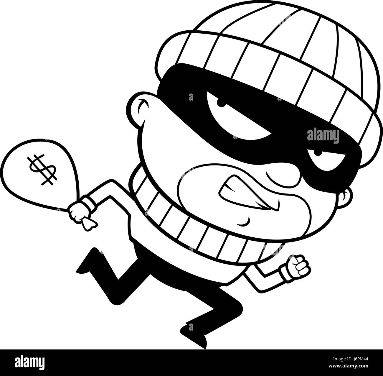 Una caricatura ladrón huir con una bolsa de dinero robado ...