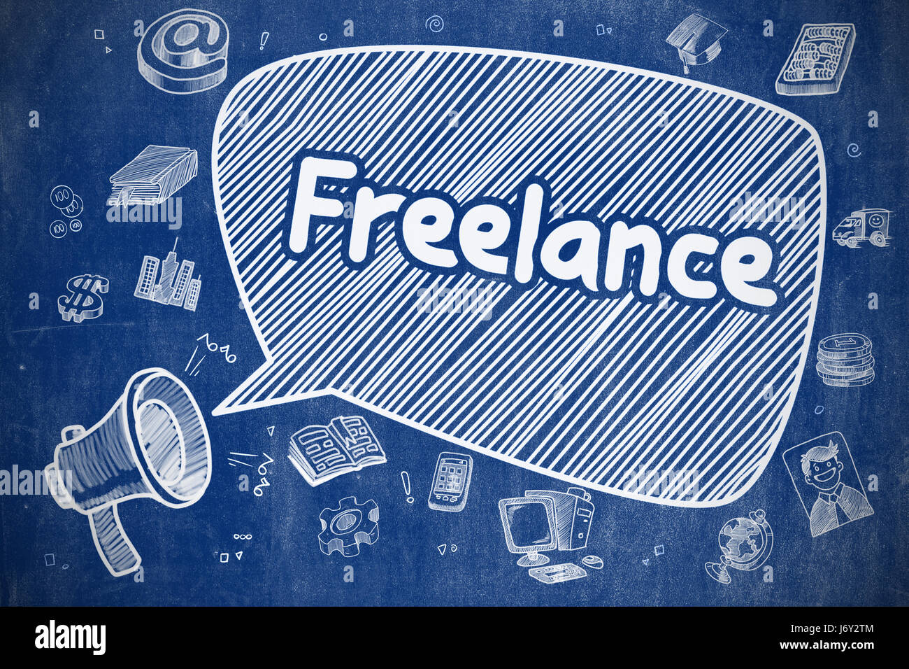 Freelance - Ilustración dibujada a mano en azul pizarra. Foto de stock