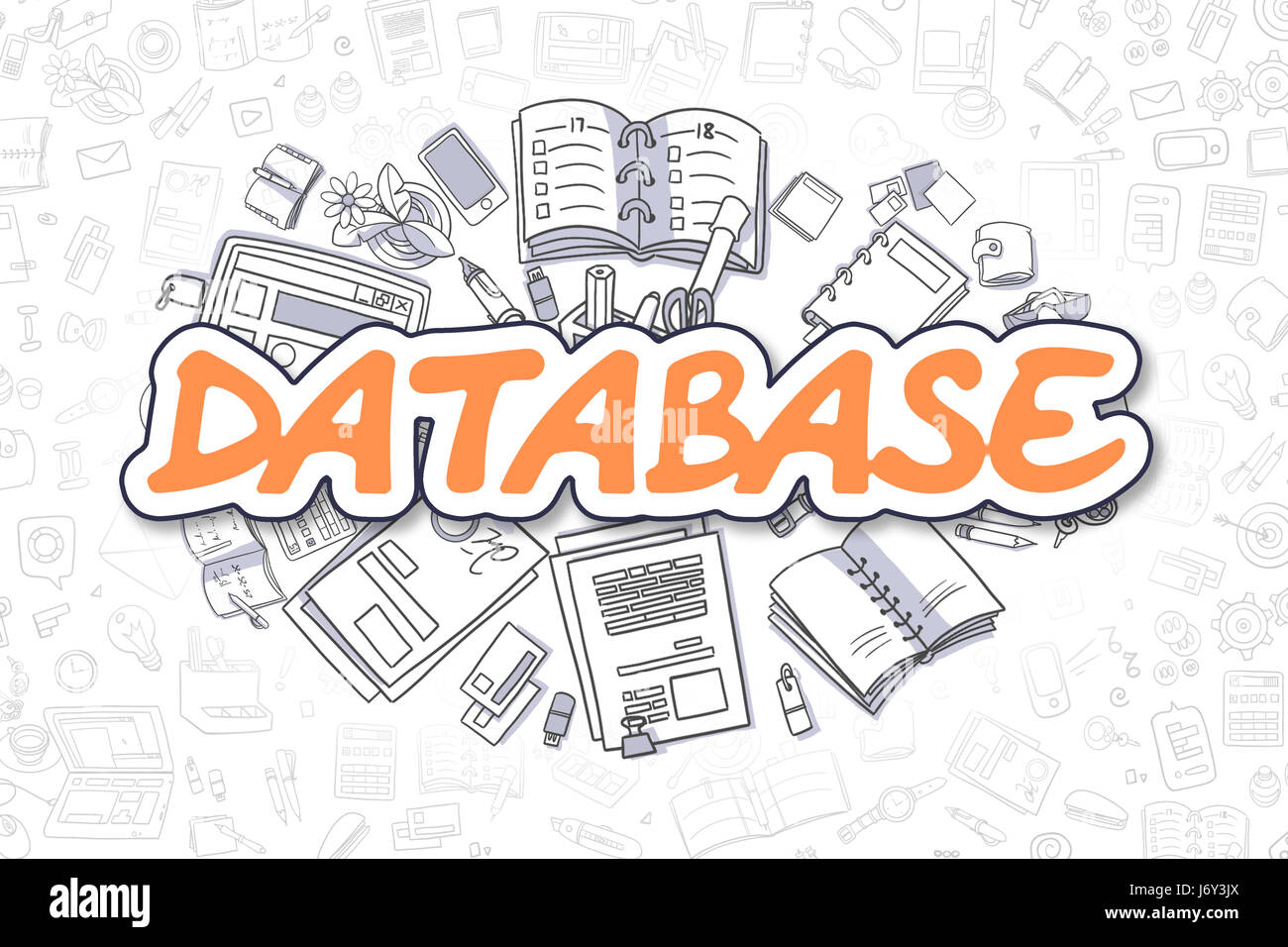 Base de datos - Doodle Orange Word. Concepto de negocio. Foto de stock