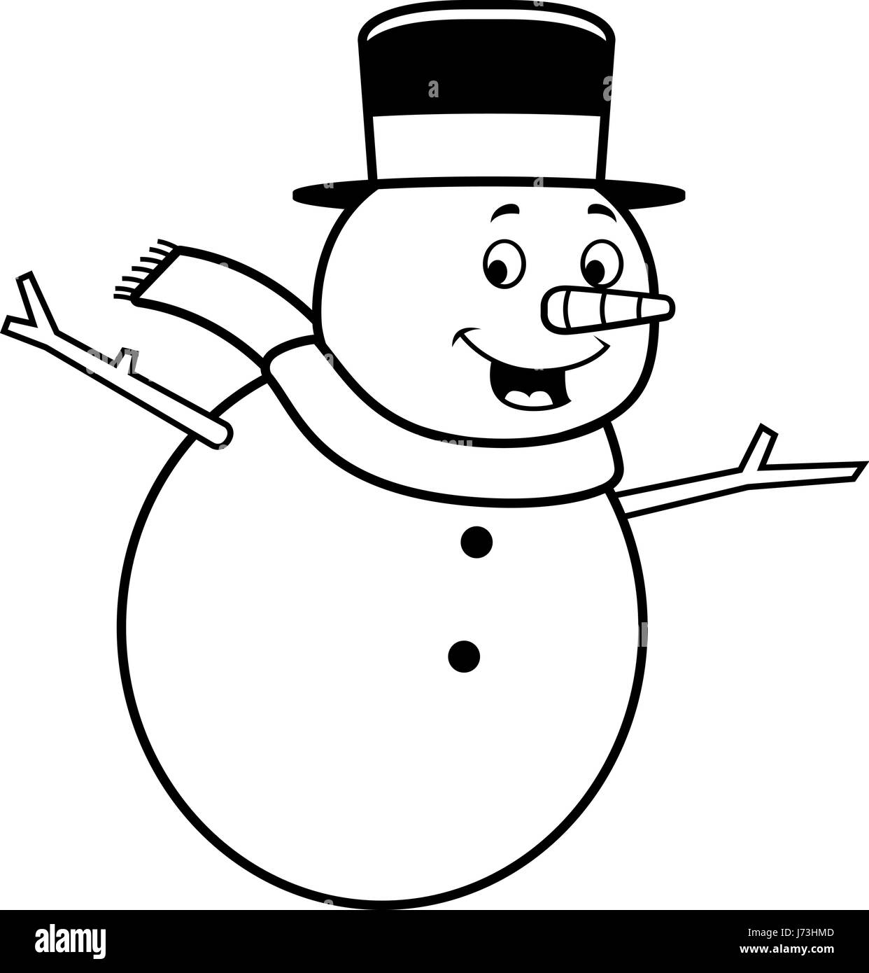 Un feliz cartoon muñeco de nieve de pie y sonriente. Ilustración del Vector