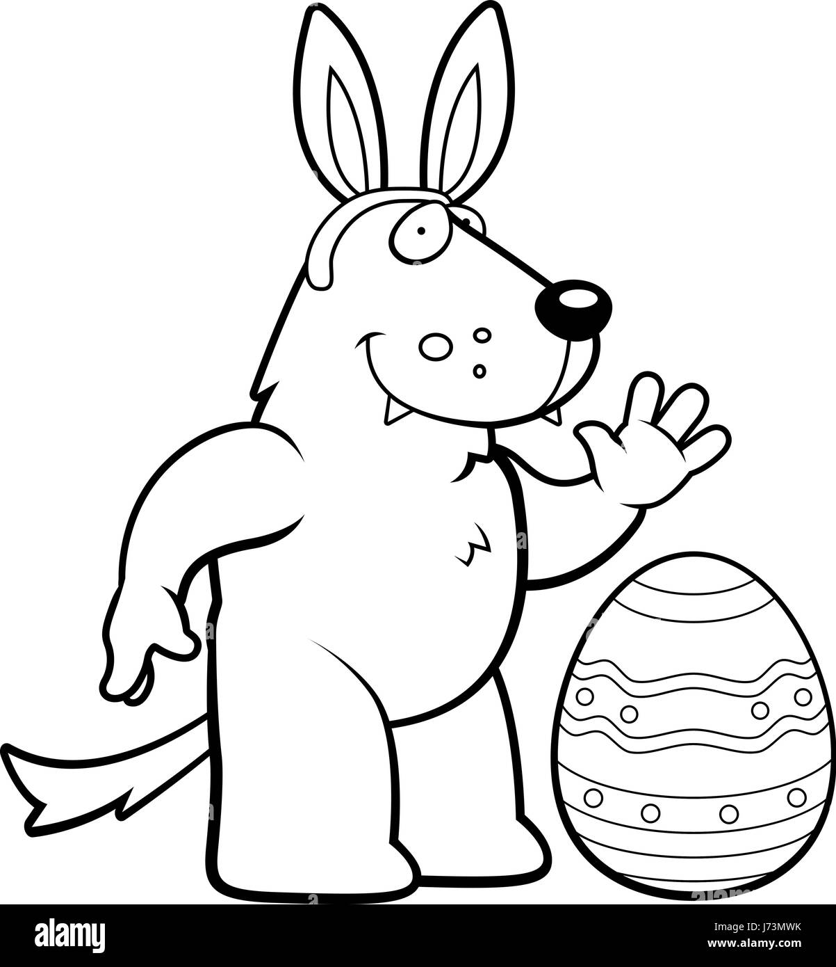 Una caricatura wolf con orejas de conejo y un huevo de Pascua. Ilustración del Vector