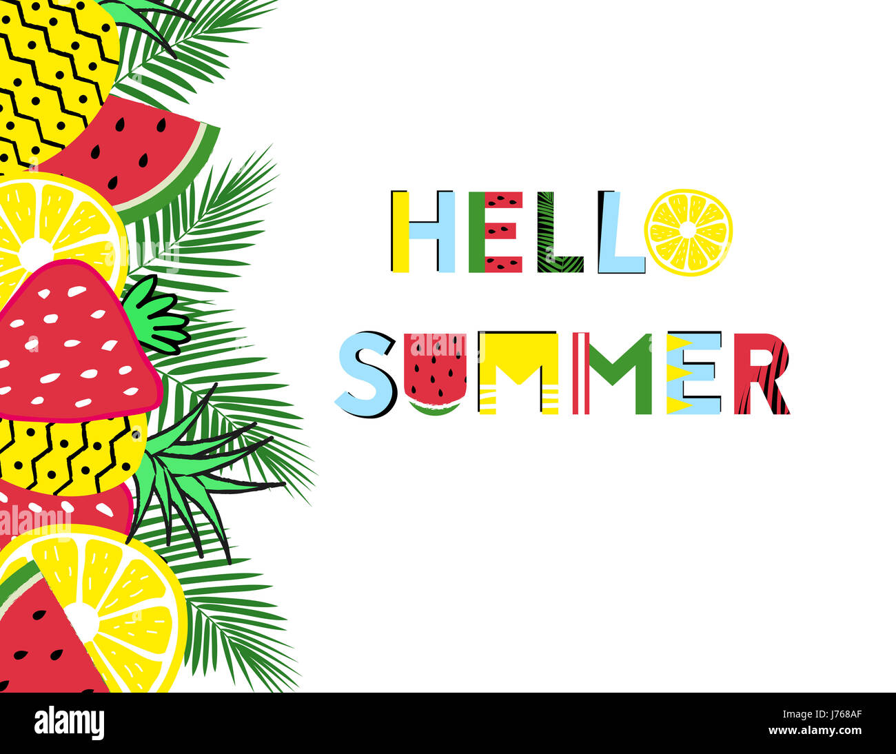 Gráficos de verano con frutas frescas y texto Foto de stock