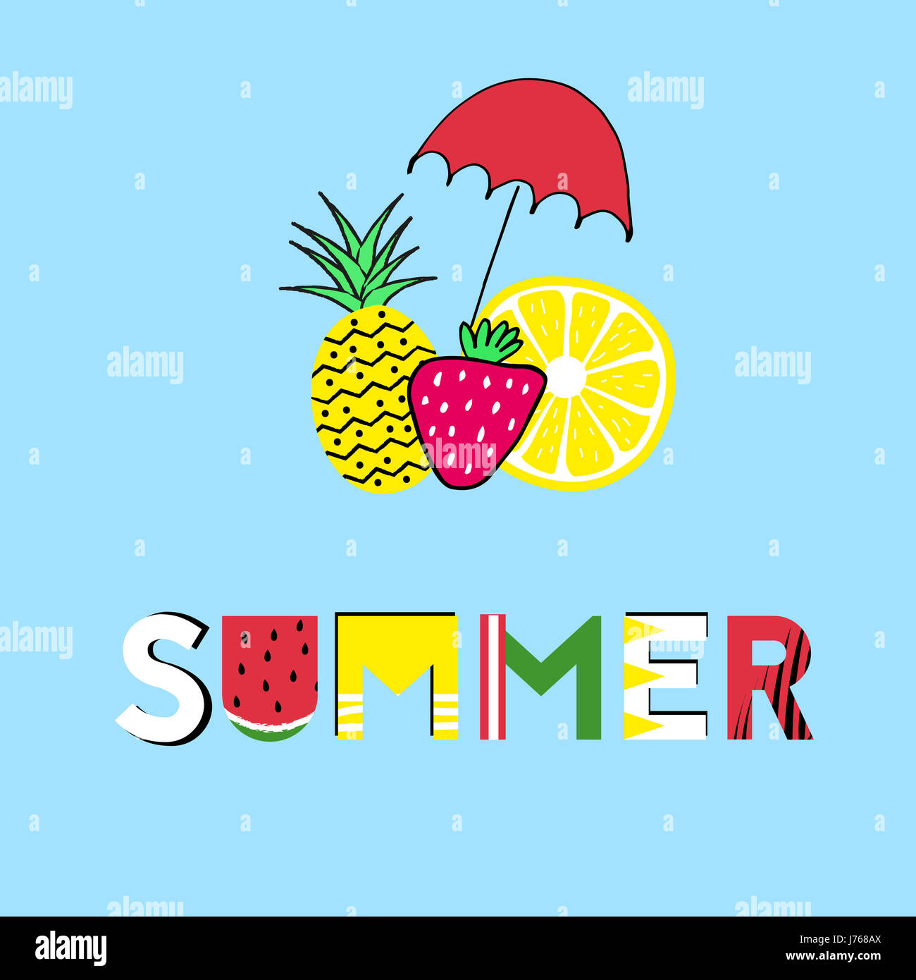 Gráficos de verano con frutas frescas y texto Foto de stock