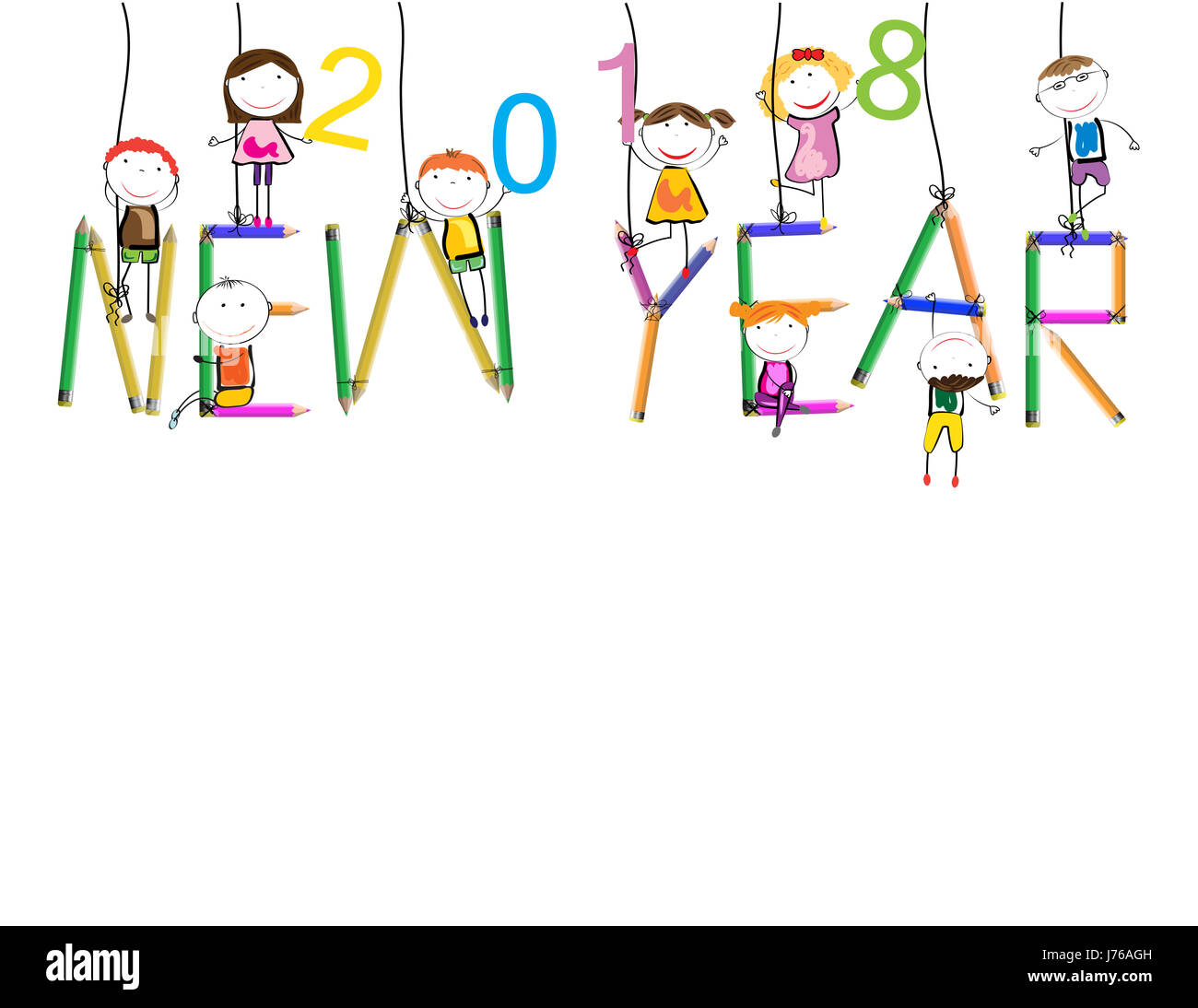 Tarjetas coloridas para el Año Nuevo 2018 con niños felices Foto de stock