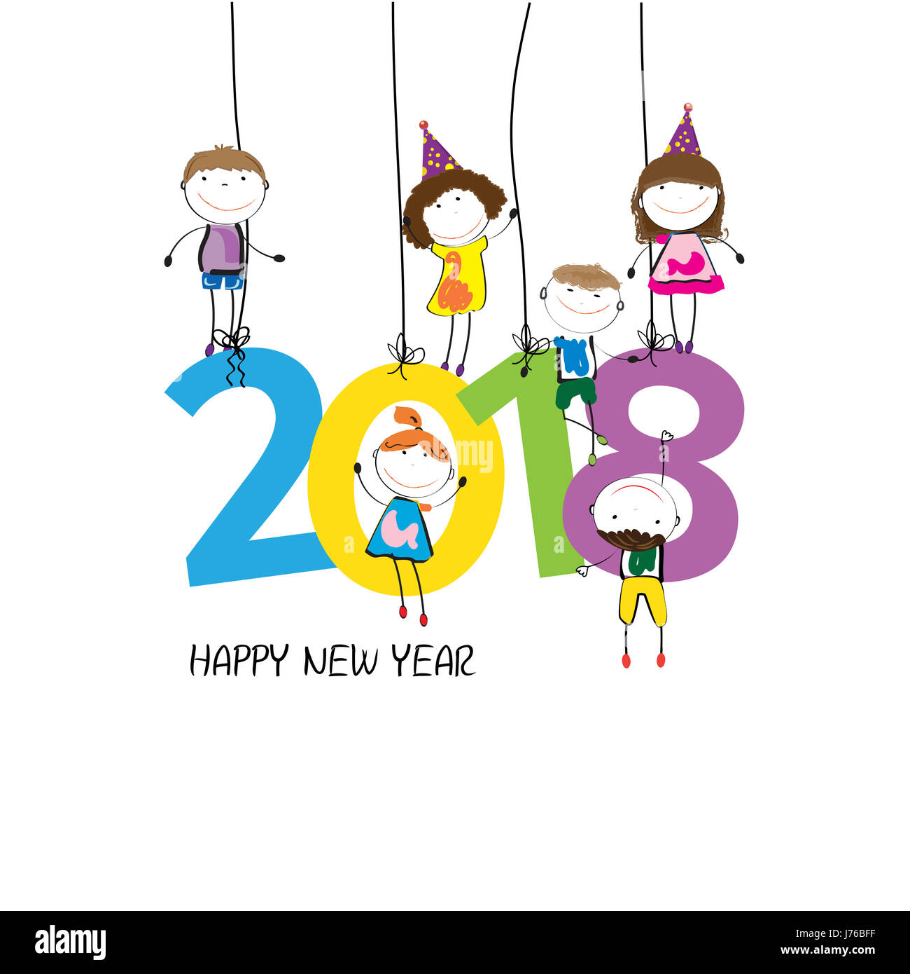 Tarjetas coloridas para el Año Nuevo 2018 con niños felices Foto de stock