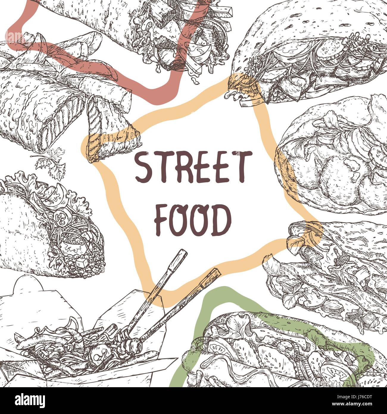 Comida en la calle plantilla con bocetos de platos tradicionales. Ilustración del Vector