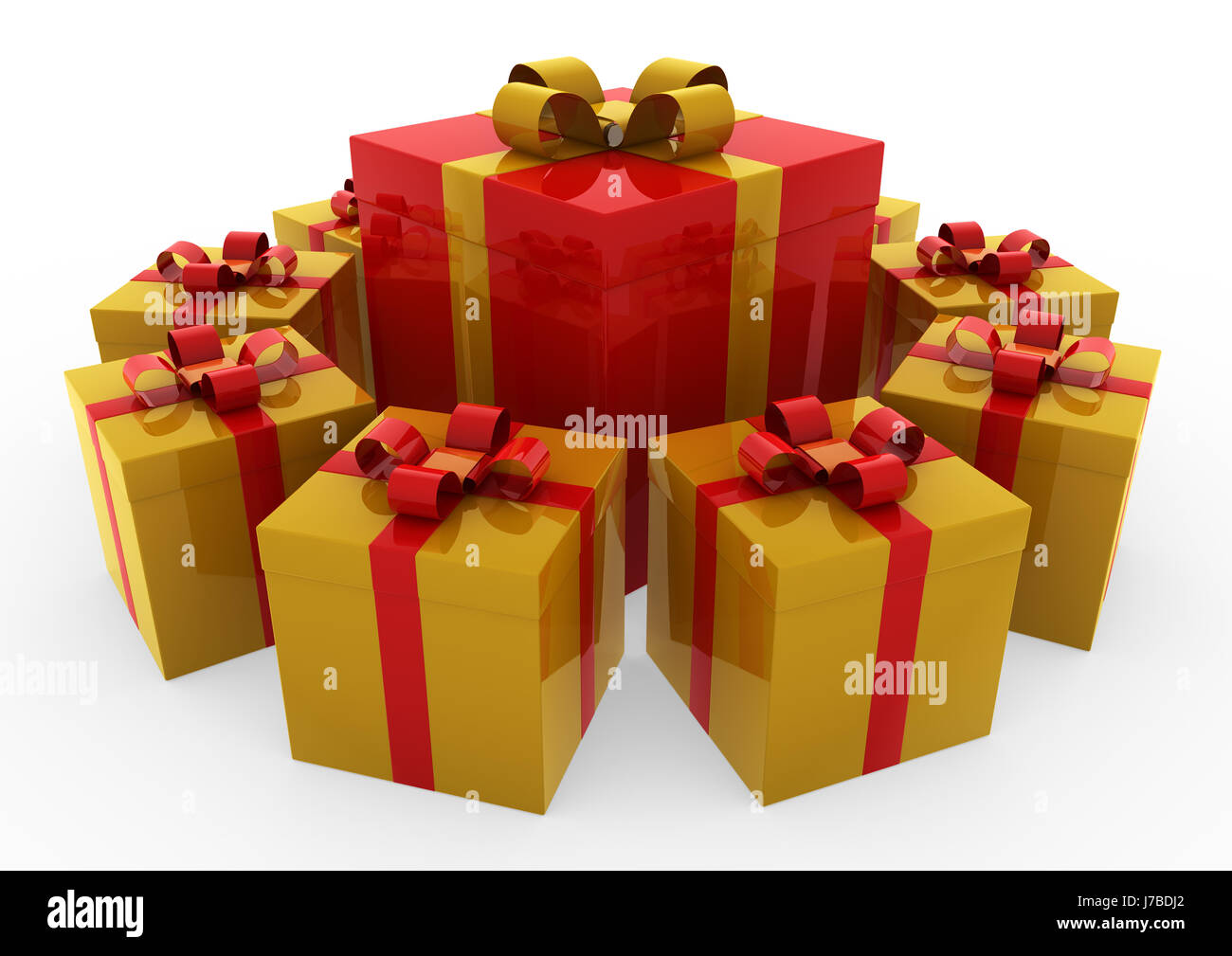 Oro rojo 3d caja de regalo blanco círculo Foto de stock