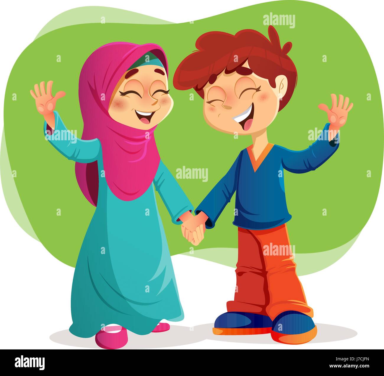 Jóvenes exitosos chico y chica musulmana expresar felicidad Ilustración del Vector