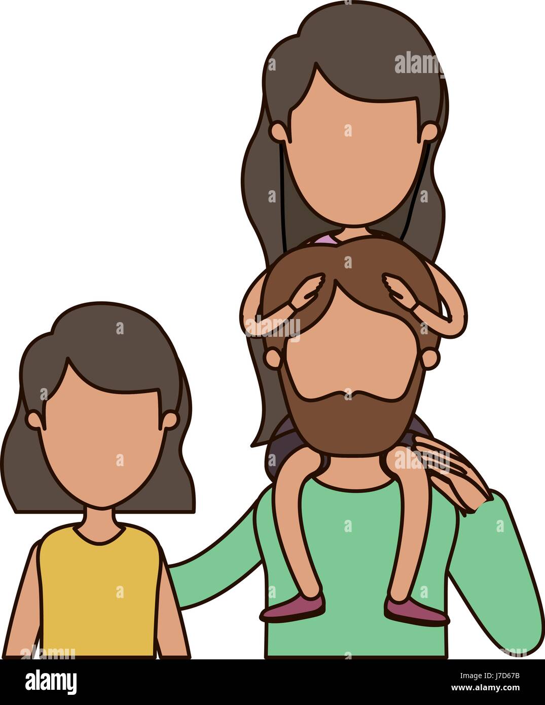 Caricatura Colorida Vista Frontal Sin Rostro Familiar De Medio Cuerpo Con Pelo Corto Mujer Y Hombre Barbado Con La Nina En La Espalda Imagen Vector De Stock Alamy