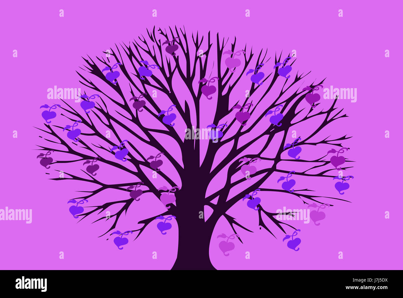 Árbol silueta púrpura corazones corazón telón de fondo gráfico de árbol flor Foto de stock