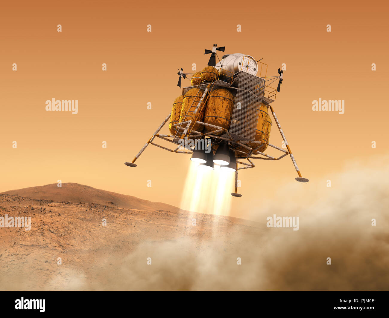 El módulo de descenso de la estación espacial interplanetario aterrizar en el planeta Marte. Ilustración 3D. Foto de stock