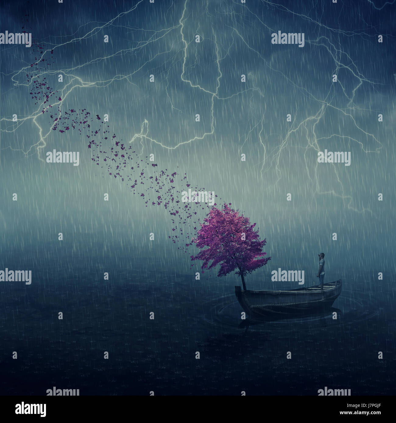 Imagen surrealista como lonely boy flotando en una embarcación de madera con un árbol púrpura que arrojan sus hojas en el viento. Perdido en medio del mar, debajo de t Foto de stock