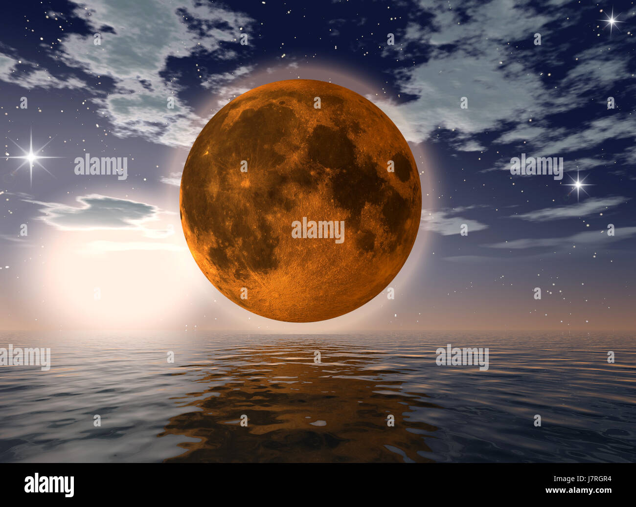 Luna llena de fantasía planeta planeta tierra mundo firmamento cielo mar océano de agua salada Foto de stock
