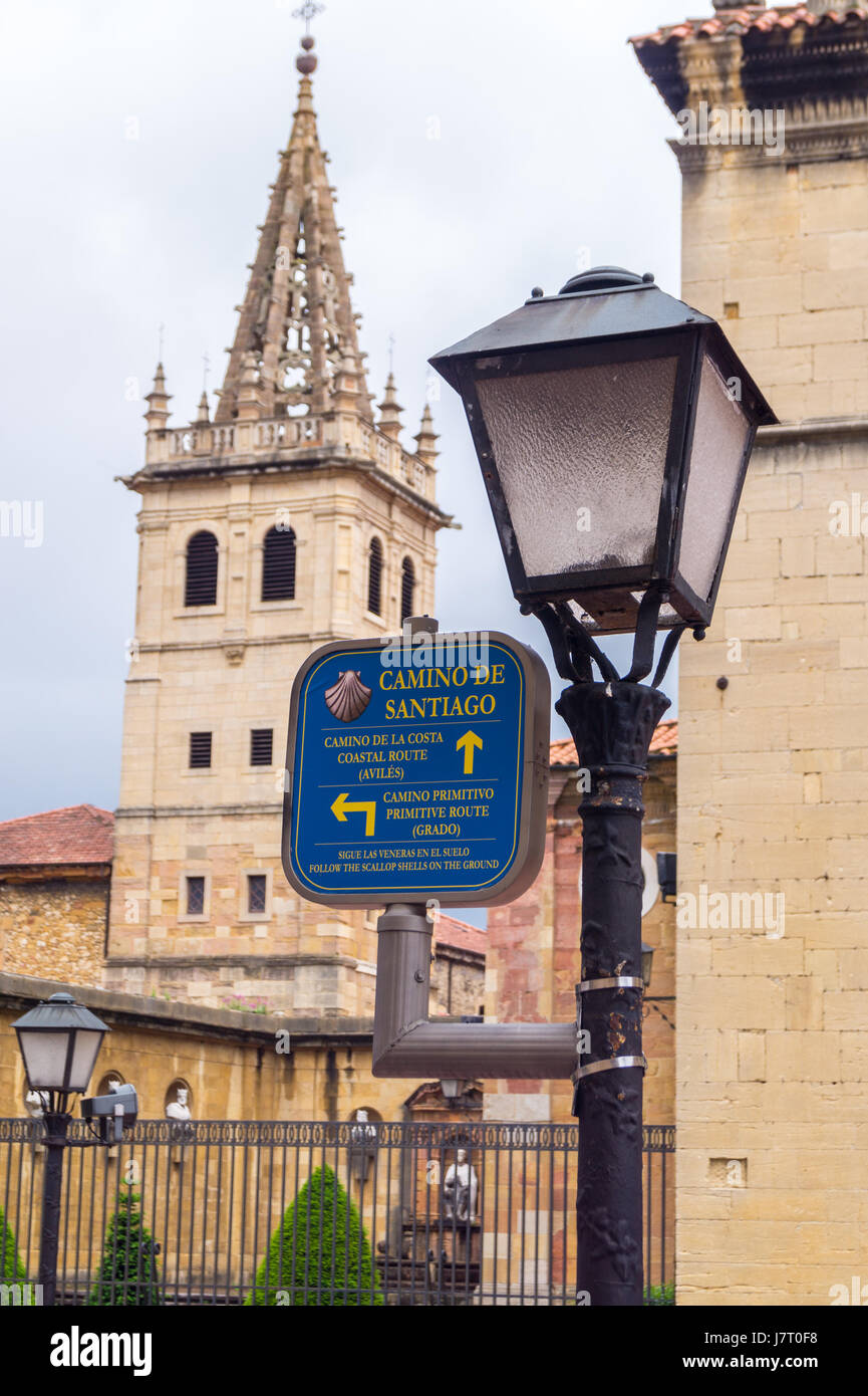 Un cartel en una farola marcando el Camino de Santiago peregrinos del Camino de Santiago de Compostela, el Monasterio de San Pelayo, Oviedo, Asturias, España Foto de stock