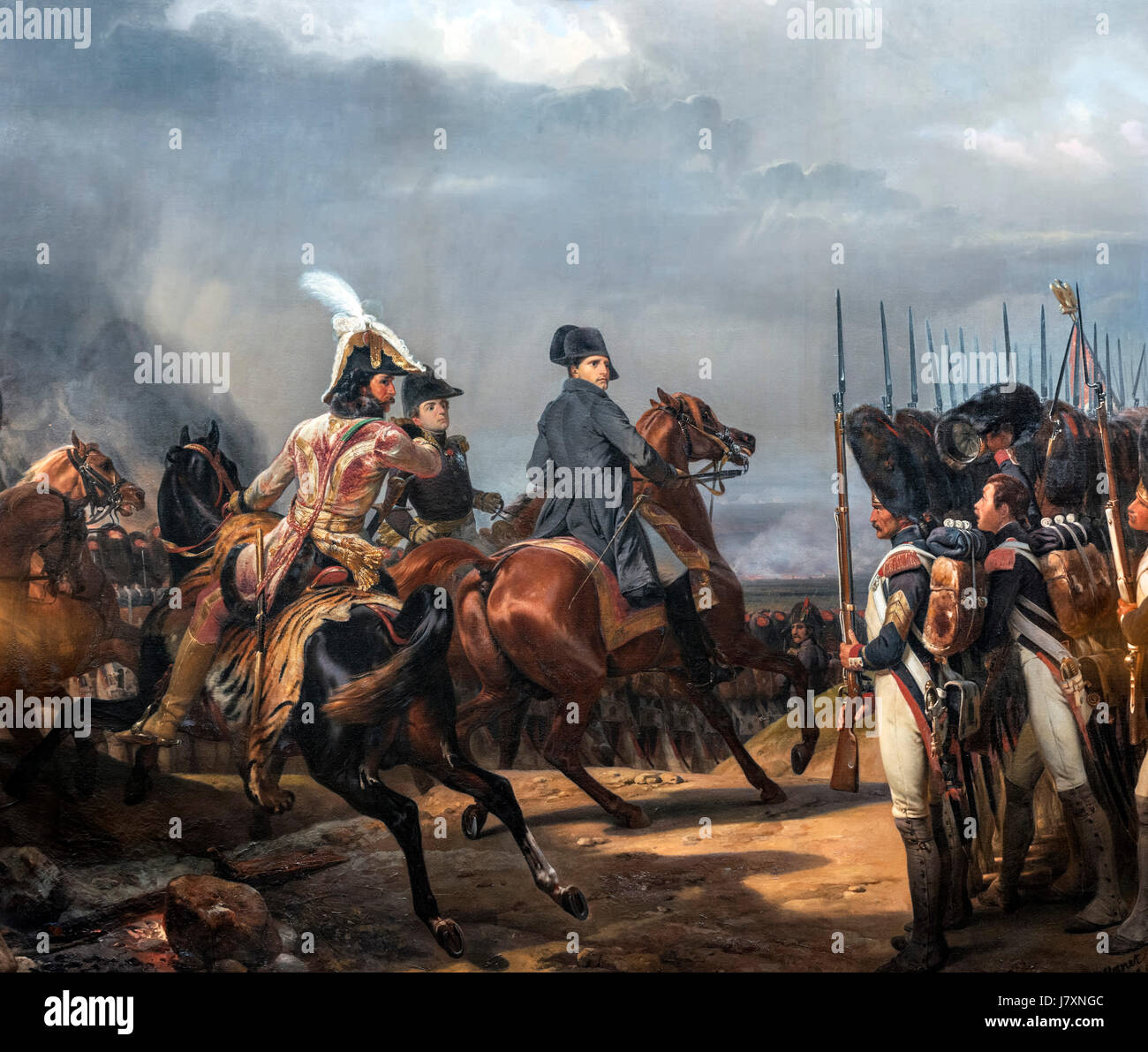 Napoleón Bonaparte revisando la Guardia Imperial en la batalla de Jena-Auerstedt (Bataille d'Iena) el 14 de octubre de 1806 por Horace Vernet, óleo sobre lienzo, 1836. La batalla marcó la derrota de la Cuarta Coalición en tne Guerras Napoleónicas. Foto de stock