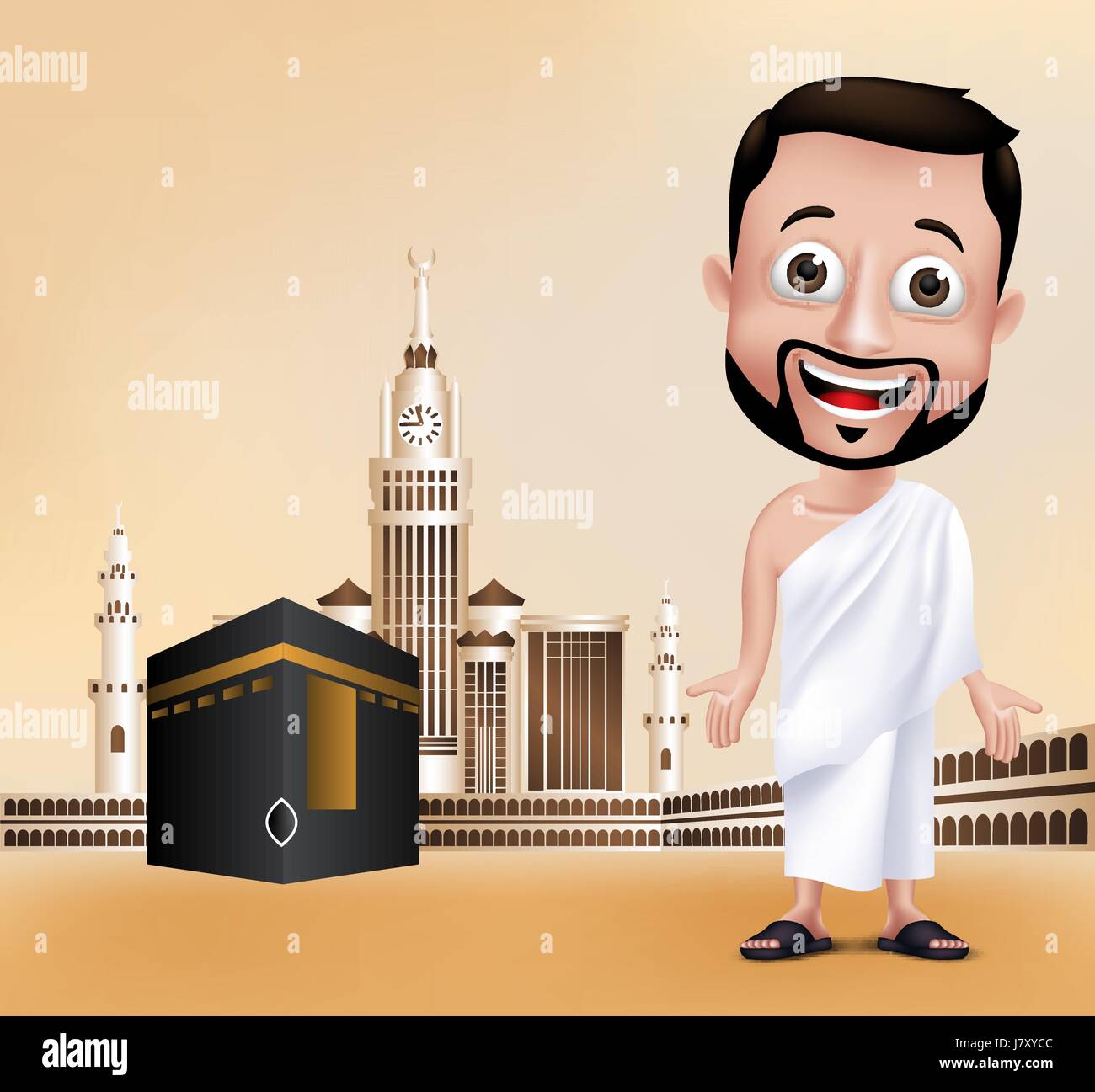 Hombre musulmán Vectorial character vistiendo ropa de ihram realizar el Hayy o 'Umrah con la Kaaba y torre del reloj dorado en la meca de fondo. Vectorial editable Ilustración del Vector