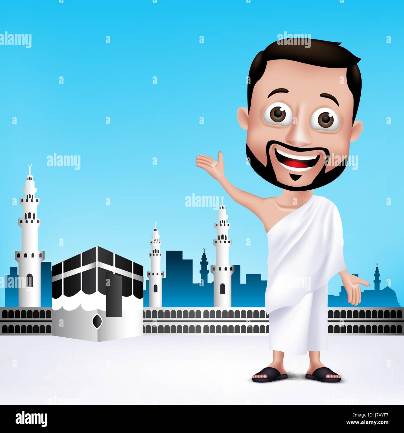 Hombre musulmán Vectorial character vistiendo Ihram paños para realizar el Hayy o 'Umrah peregrinación en la Kaaba en La Meca con piedra negra en el fondo. Ilustración del Vector