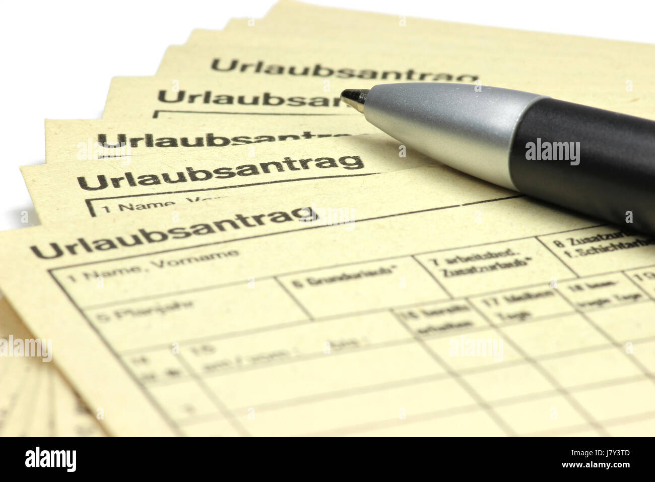 Formularios de solicitud de vacaciones alemán aislado sobre fondo blanco. Foto de stock