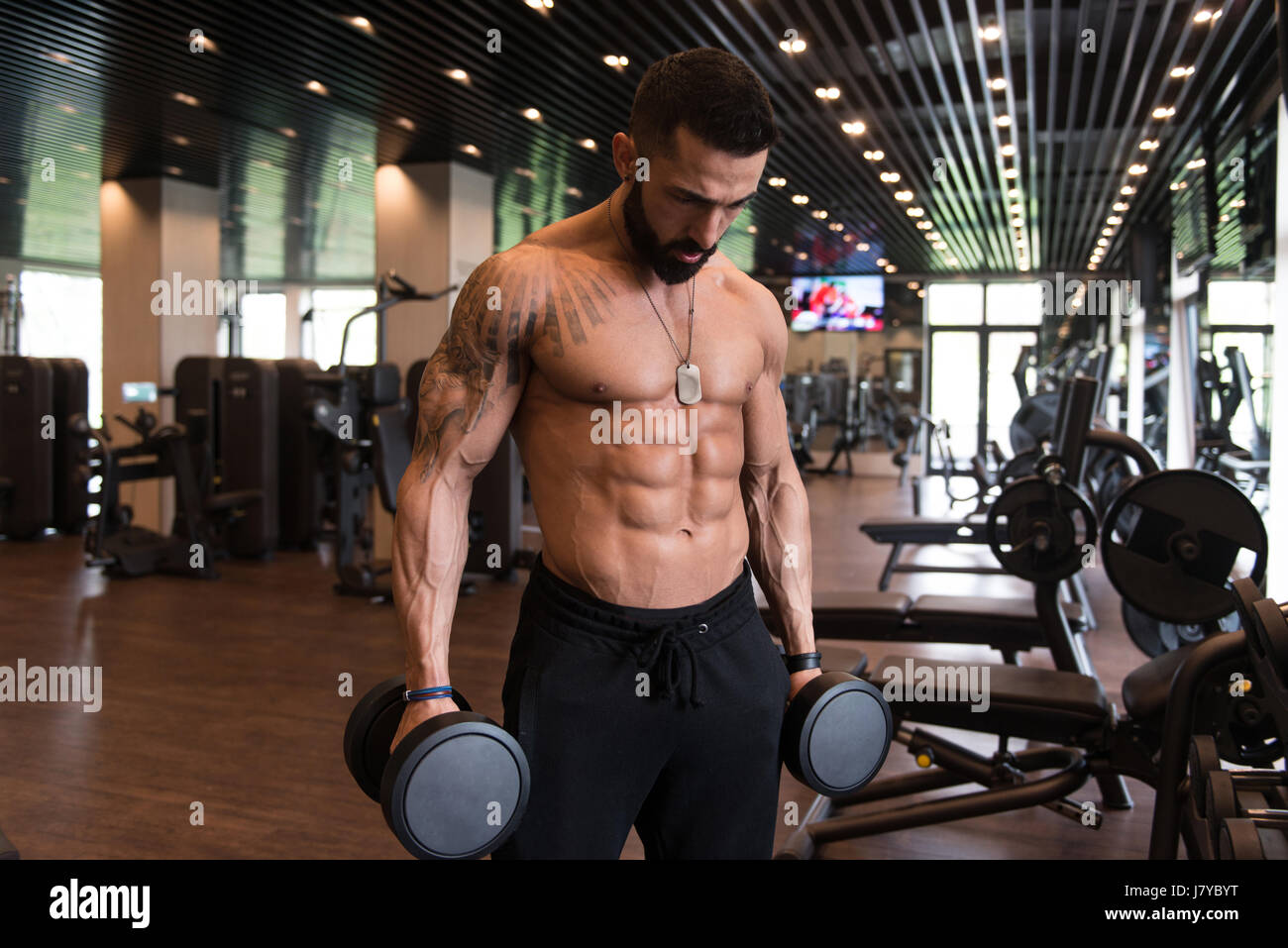 El hombre peludo saludable trabajando bíceps en un Centro Fitness Gym -  pesa unos rizos de concentración Fotografía de stock - Alamy