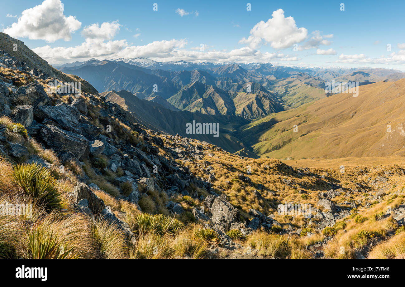 Vista a las montañas, camino a Ben Lomond, al sur de los Alpes, Otago, Isla del Sur, Nueva Zelanda Foto de stock