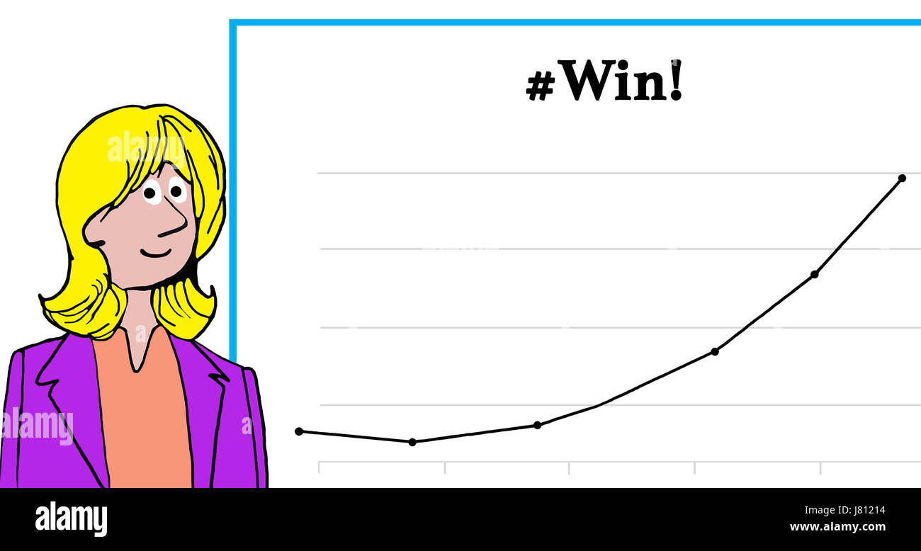Business caricatura ilustración que muestra el aumento de las ventas y '#Win!". Foto de stock