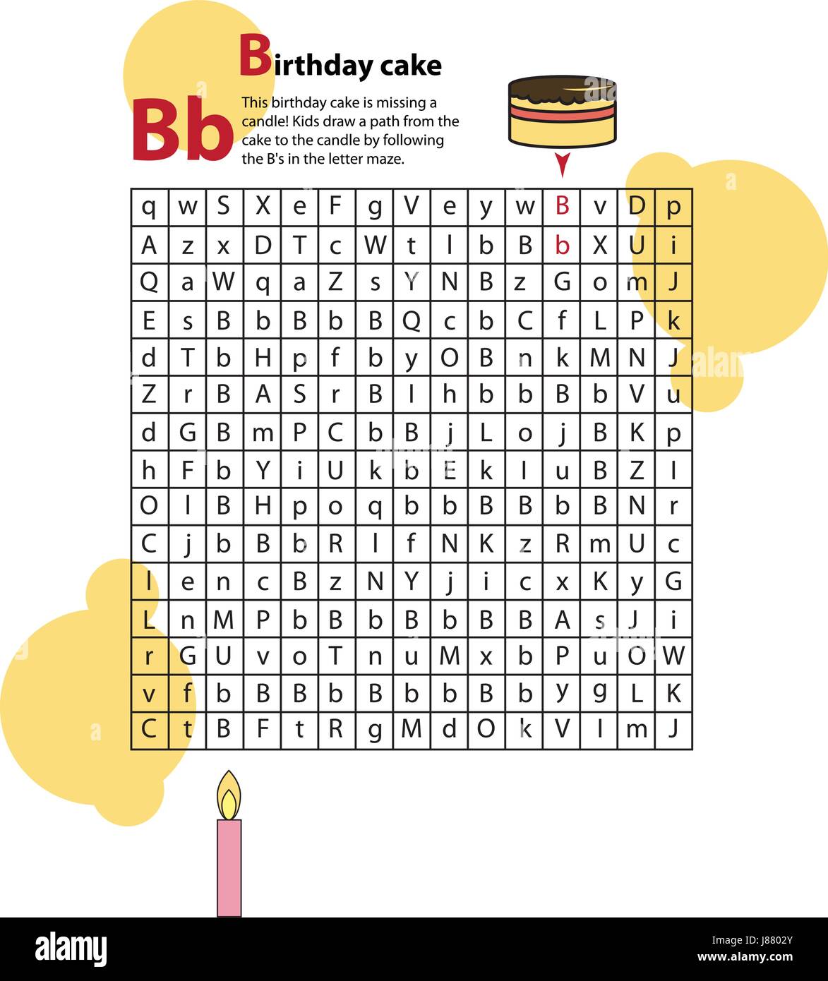 Carta laberinto B. Esta hoja de trabajo le ayuda a los niños a reconocer y nombrar letras mayúsculas y minúsculas. Ilustración del Vector
