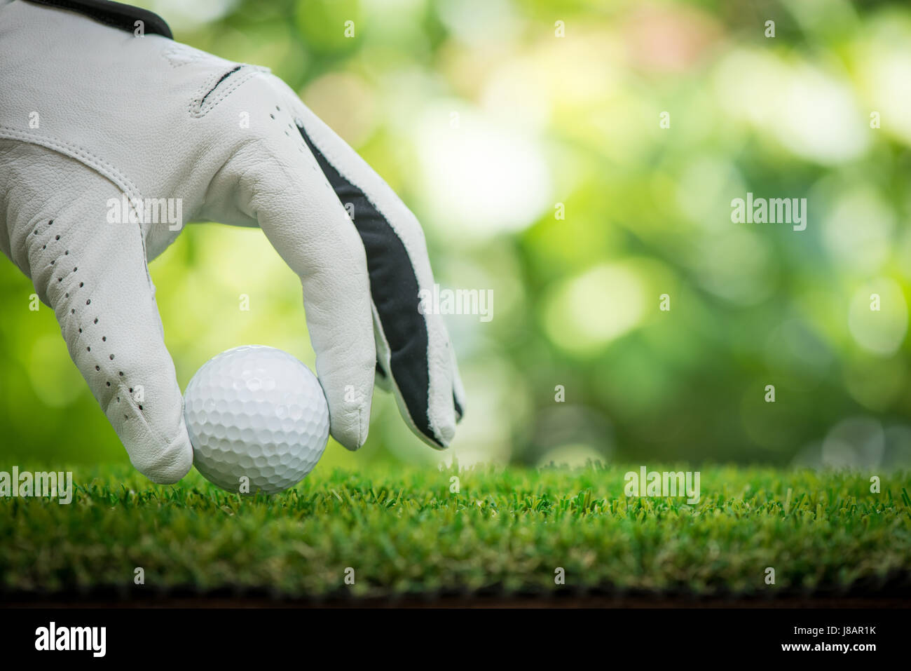 Los jugadores de golf mano colocando la bola sobre el césped Foto de stock