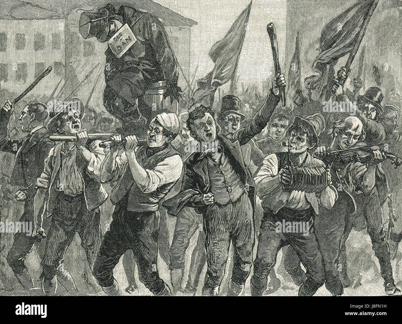 Los manifestantes llevaban Daniel O'Connell efigie en los disturbios de Belfast de 1864 Foto de stock