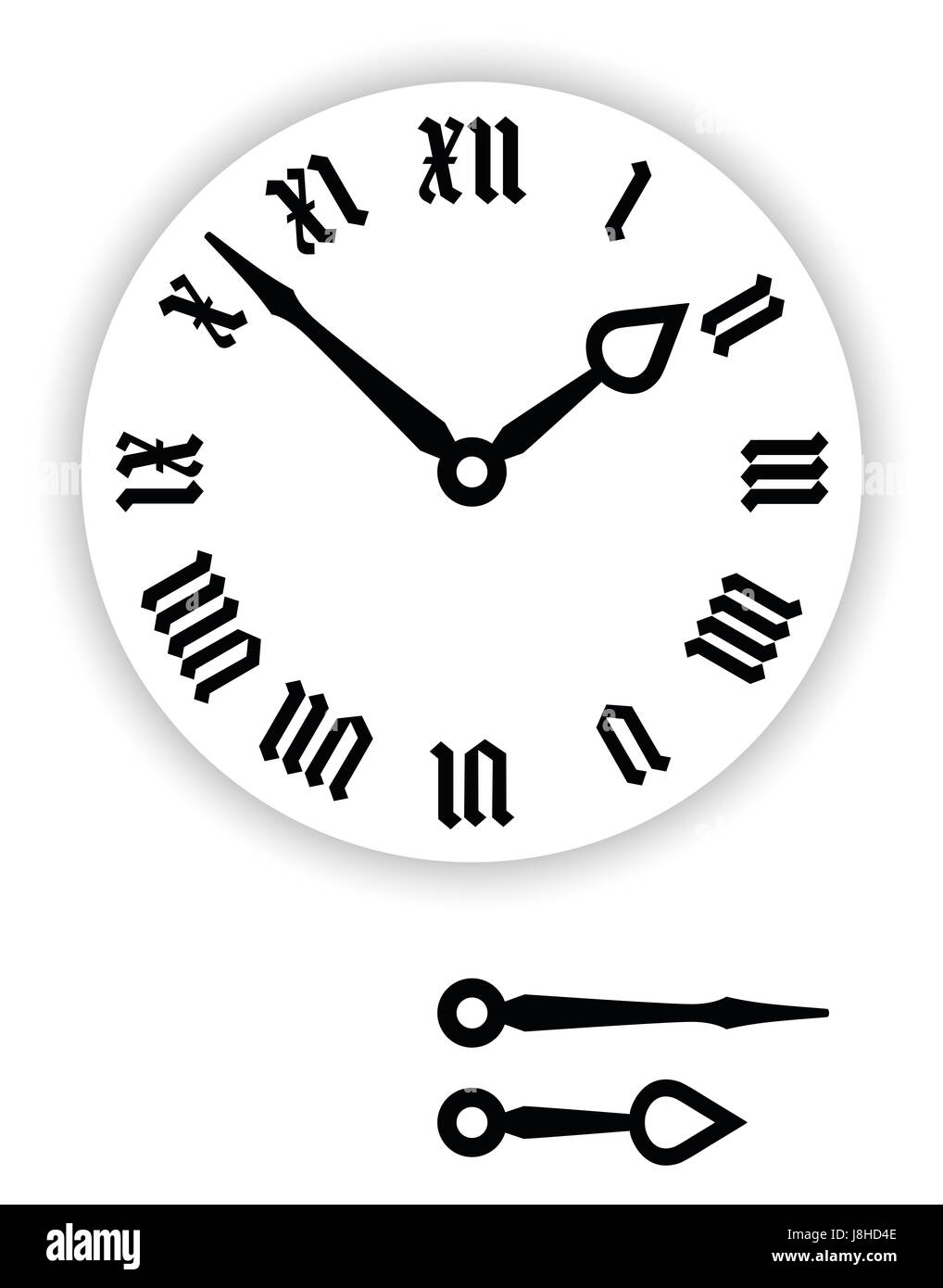 Números romanos Fraktur cara del reloj. Parte de reloj analógico con punteros de color negro. Dial con números, también gótico blackletter minúsculo o Textura. Foto de stock